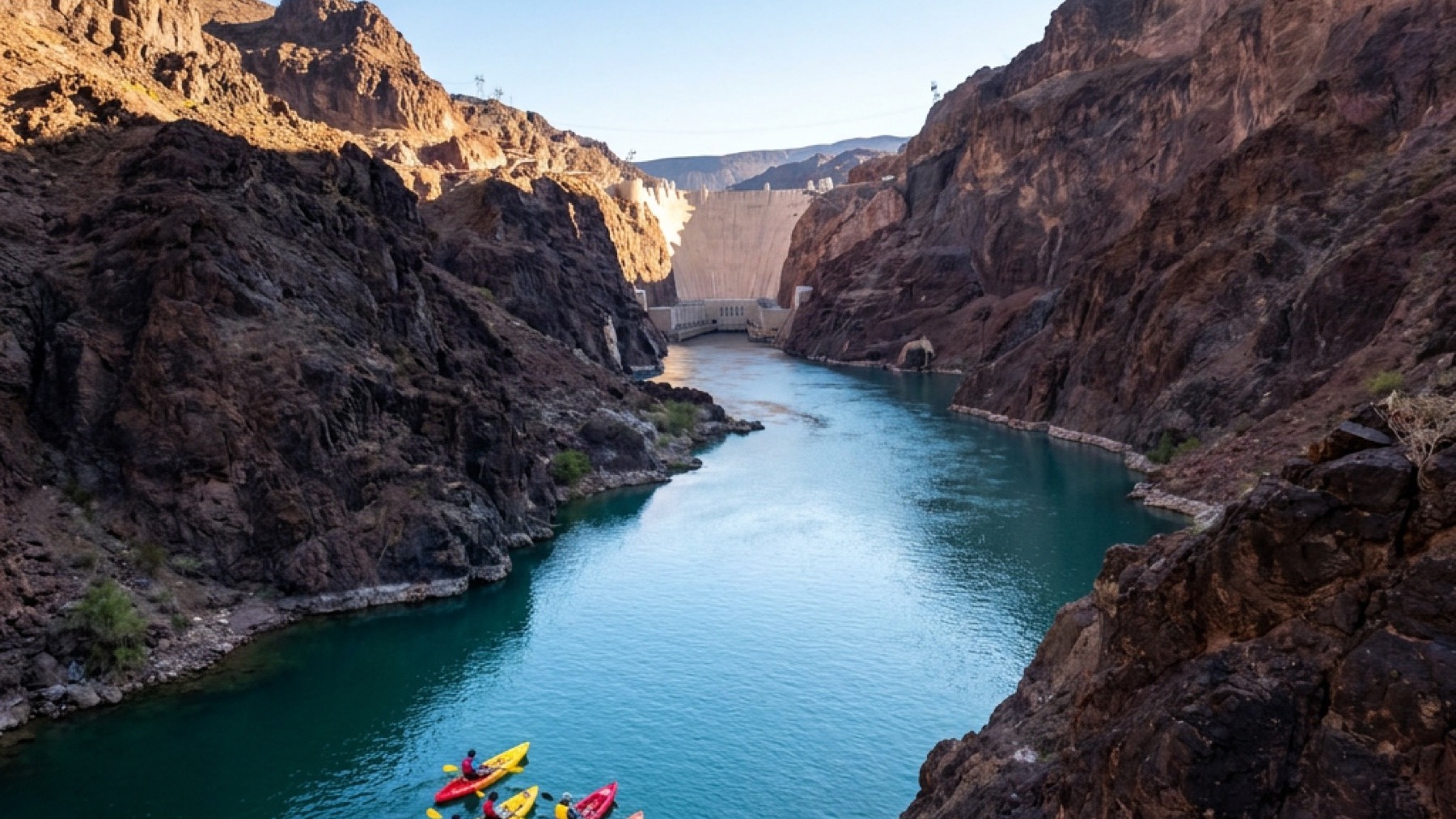 Kayaks on the Colorado River in Black Canyon, with Hoover Dam at the head of the canyon