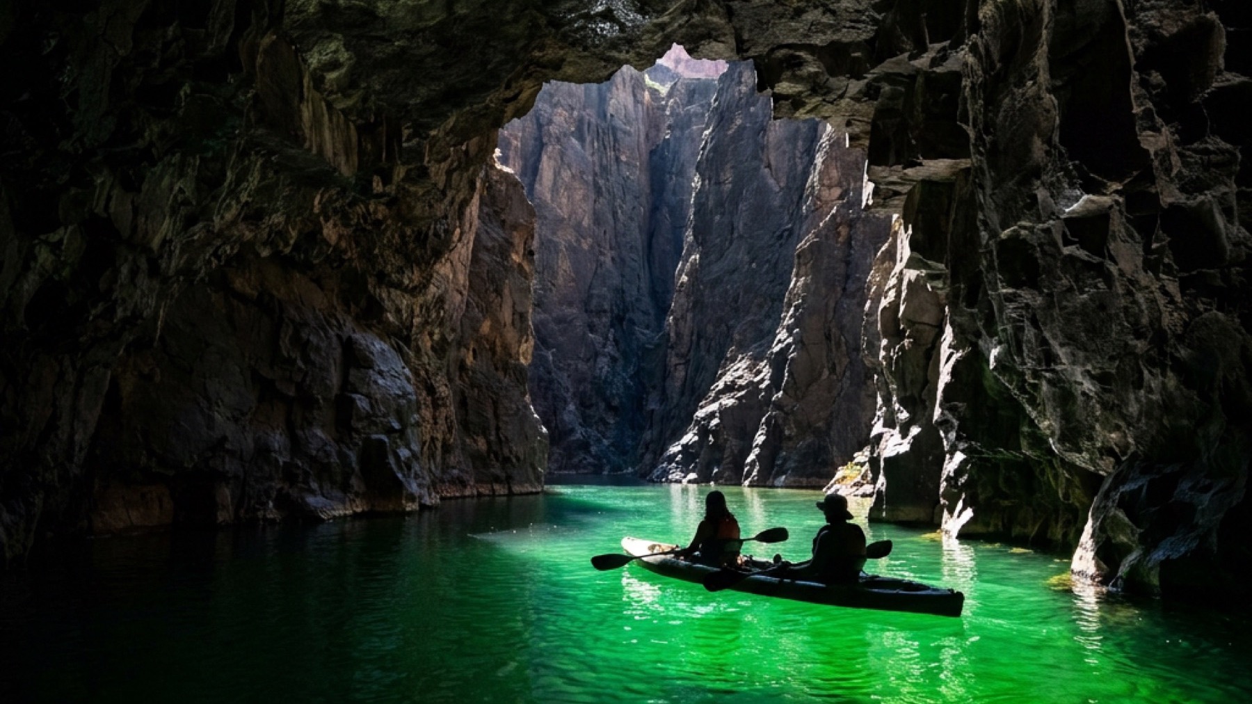 Two kayakers on glowing emerald green water inside the Emerald Cave in Black Canyon