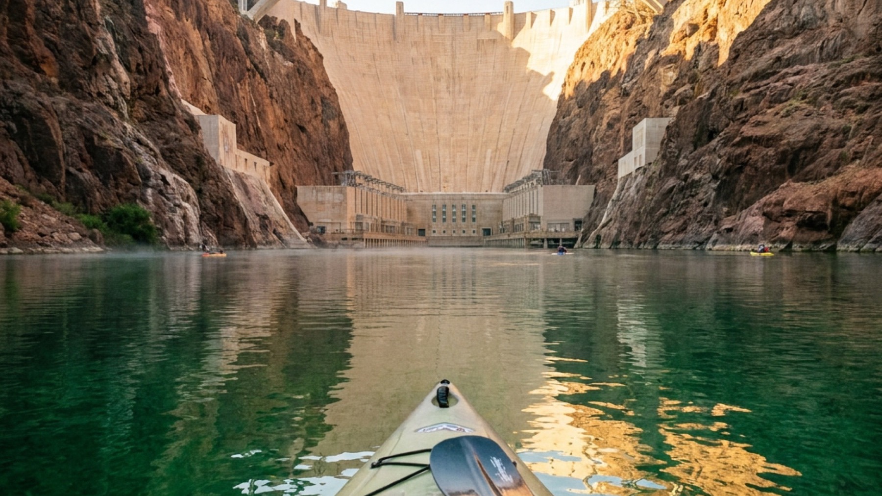 View from a kayak on the Colorado River looking upstream to Hoover Dam